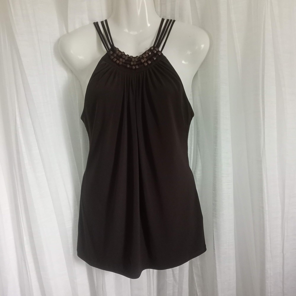 MICHAEL Michael Kors Brown Beaded Tunic Top Built In Bra Sleeveless Tank Lg